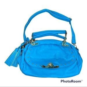 Galian Bright Blue Shoulder Bag with Gold Tone Trim and Tassels